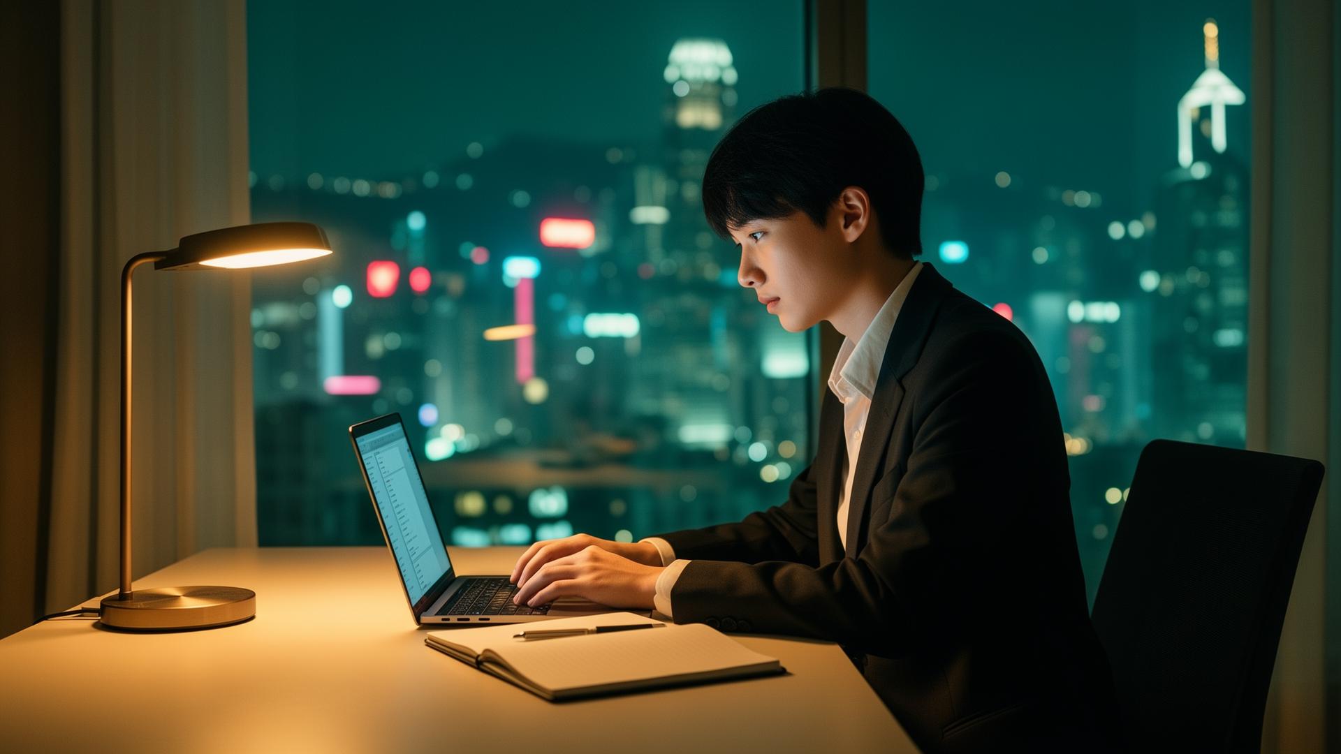 A young Hong Kong professional working late, supported by E.format supplements